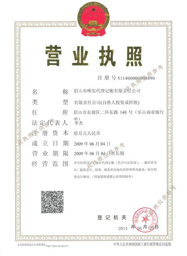 代理记账营业执照正本